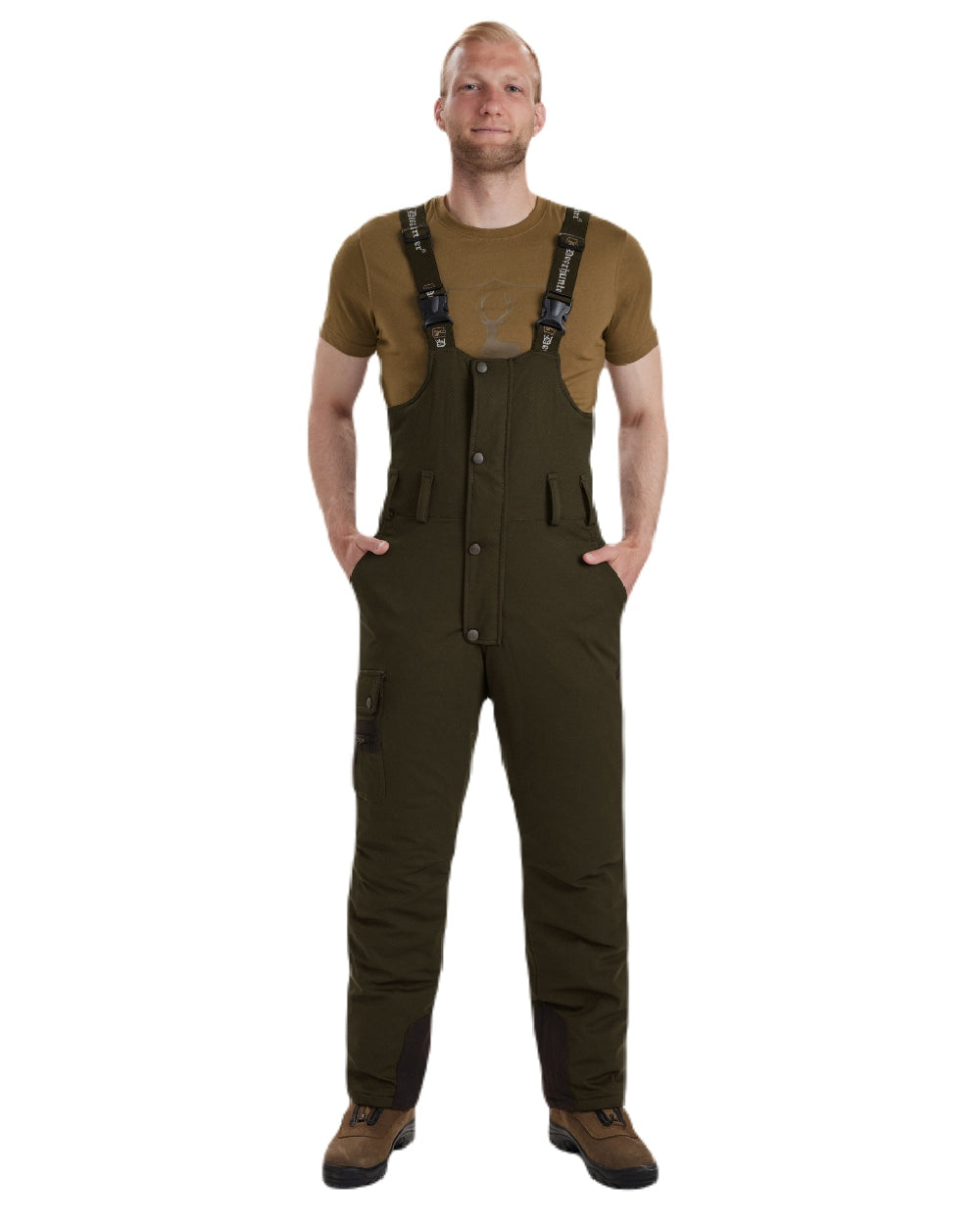 Art Green coloured Deerhunter Muflon Bib Trousers on white background #colour_art-green