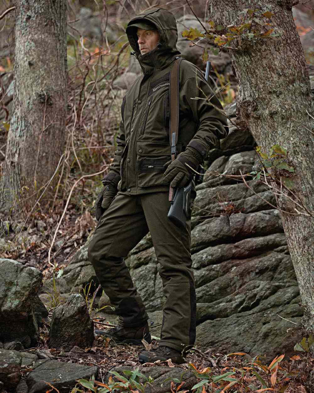 Art Green coloured Deerhunter Muflon Winter Hat on forest background #colour_art-green