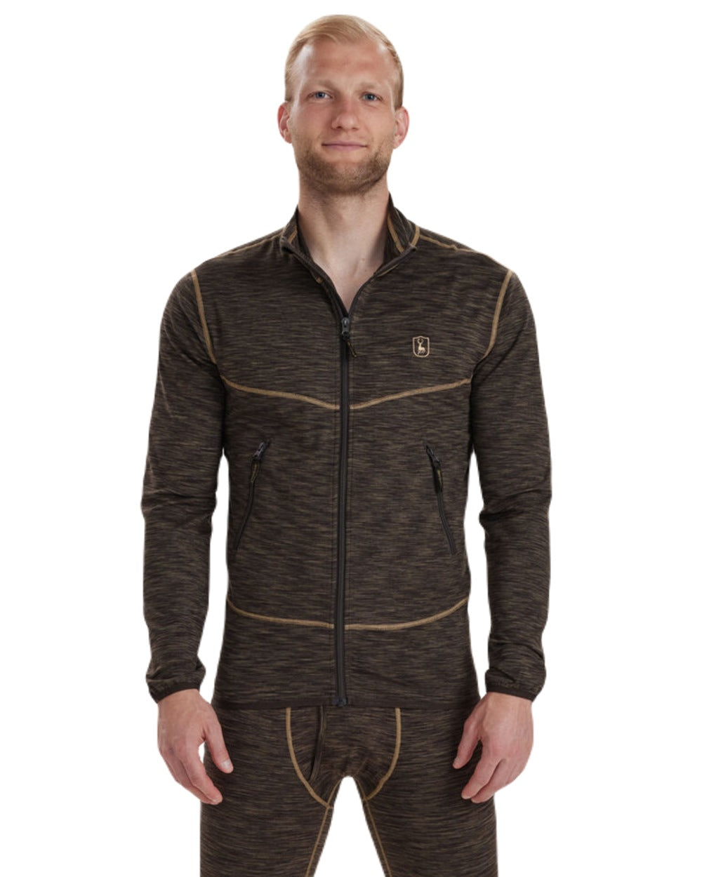 Brown Melange coloured Deerhunter Norden Fleece Jacket on white background #colour_brown-melange
