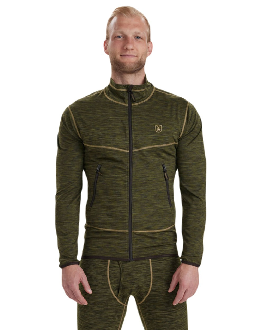 Green Melange coloured Deerhunter Norden Fleece Jacket on white background #colour_green-melange