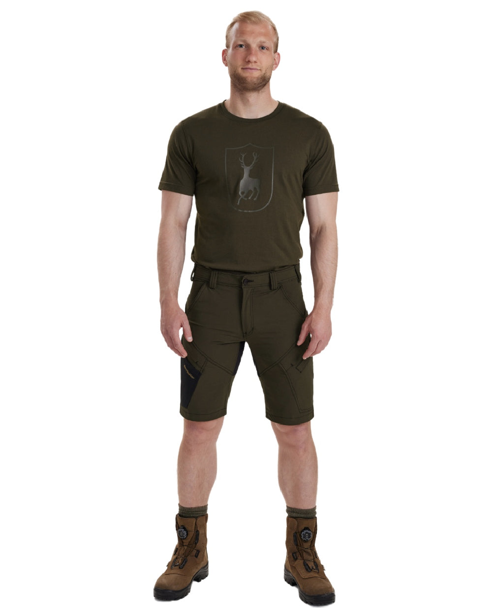 Bark Green coloured Deerhunter Northward Shorts on white background #colour_bark-green