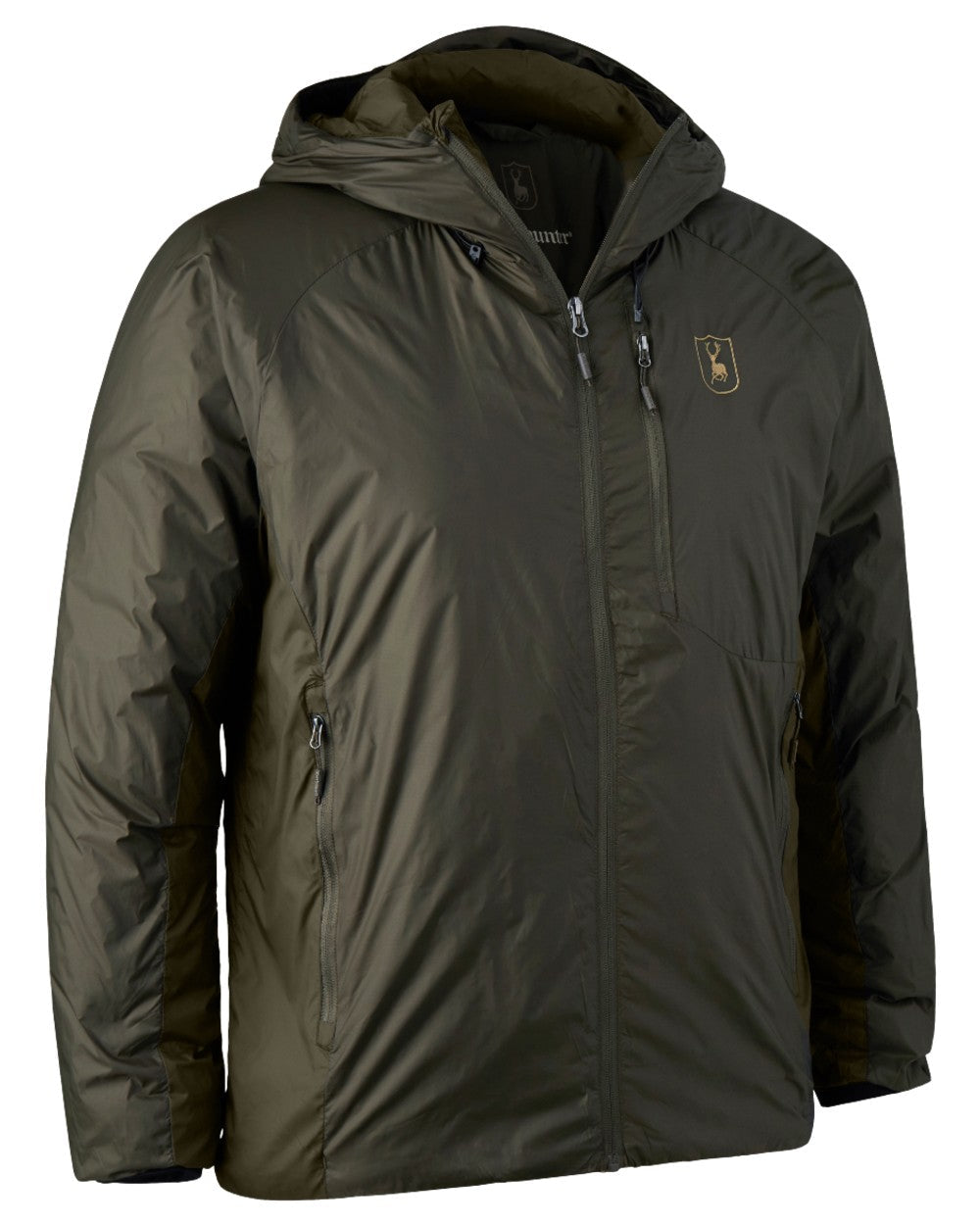 Deep Green Art Green coloured Deerhunter Packable Jacket on white background #colour_deep-green-art-green
