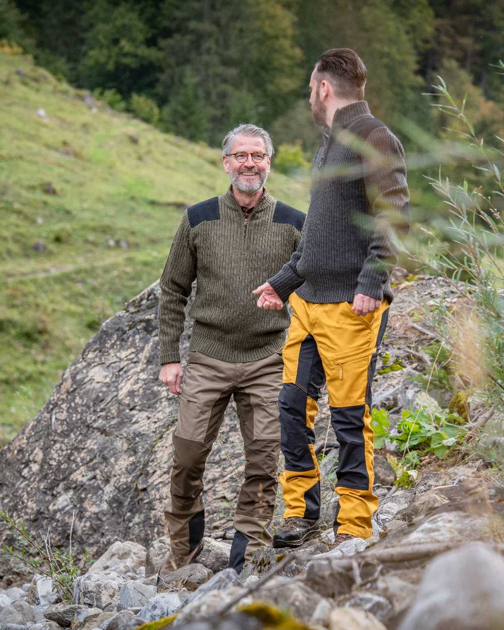 Buckthorn Coloured Deerhunter Rogaland Contrast Stretch Trousers on mountain background #colour_buckthorn