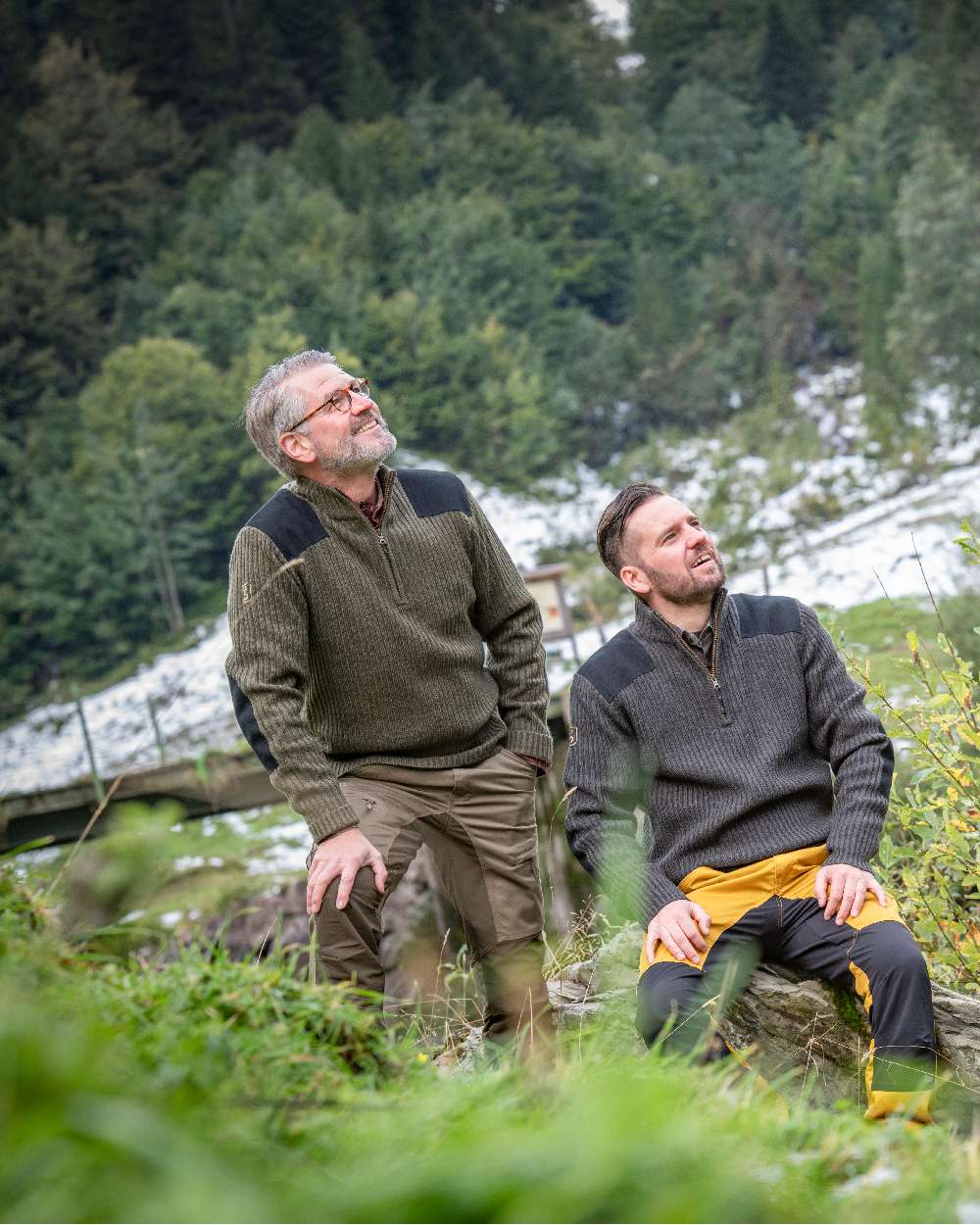 Driftwood Coloured Deerhunter Rogaland Contrast Stretch Trousers on forest background #colour_driftwood