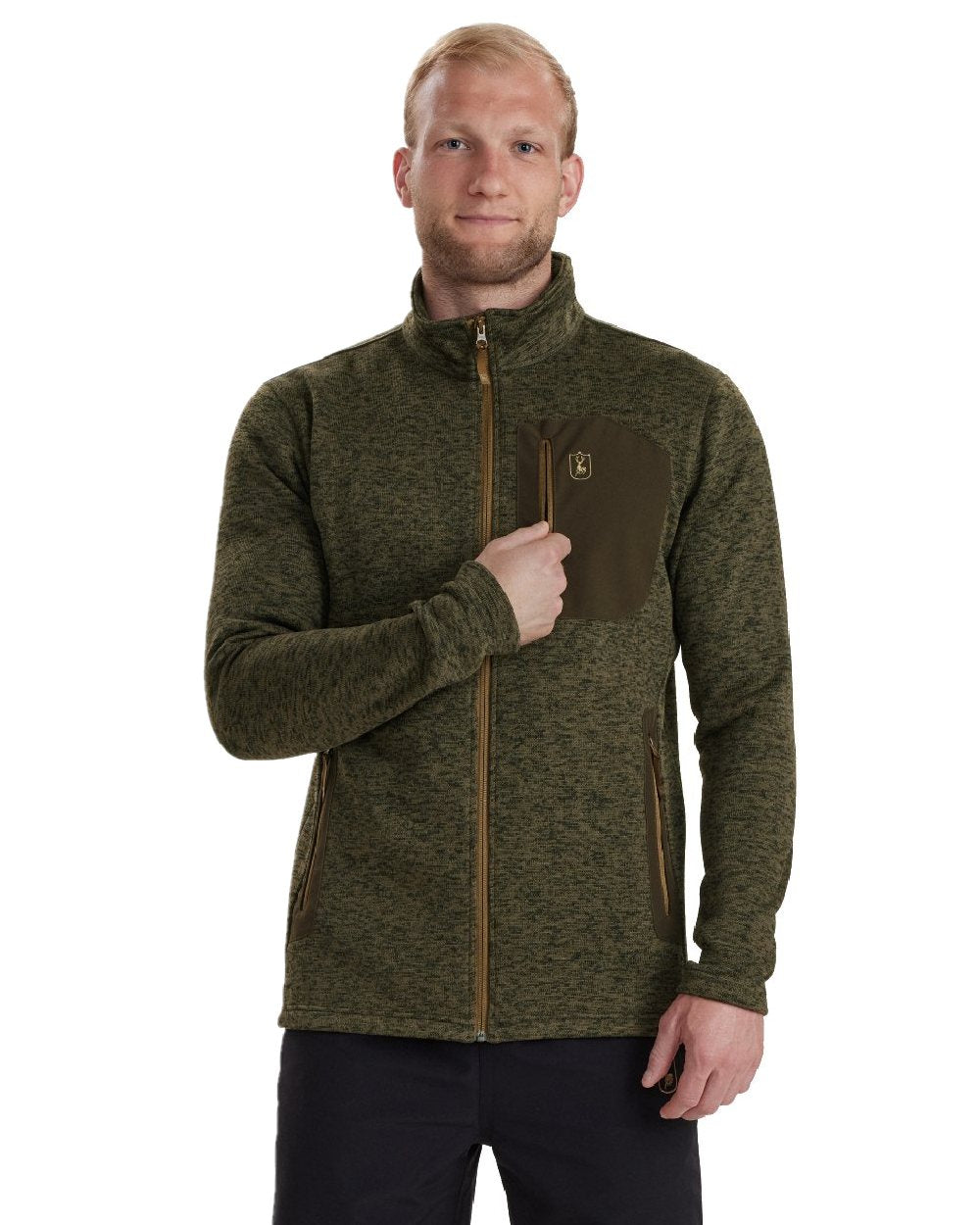 Olive Night Melange coloured Deerhunter Sarek Knitted Jacket on white background #colour_olive-night-melange
