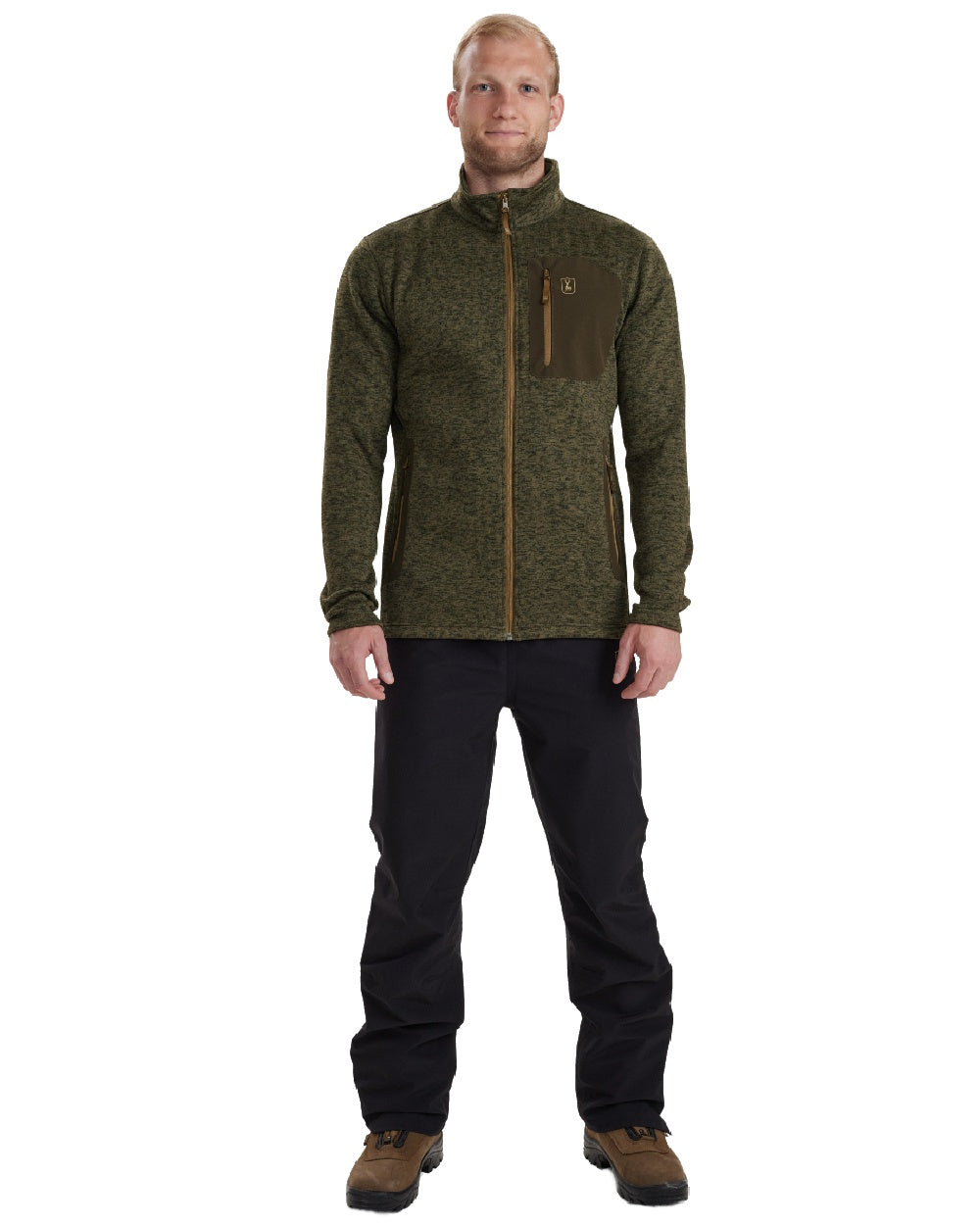 Olive Night Melange coloured Deerhunter Sarek Knitted Jacket on white background #colour_olive-night-melange