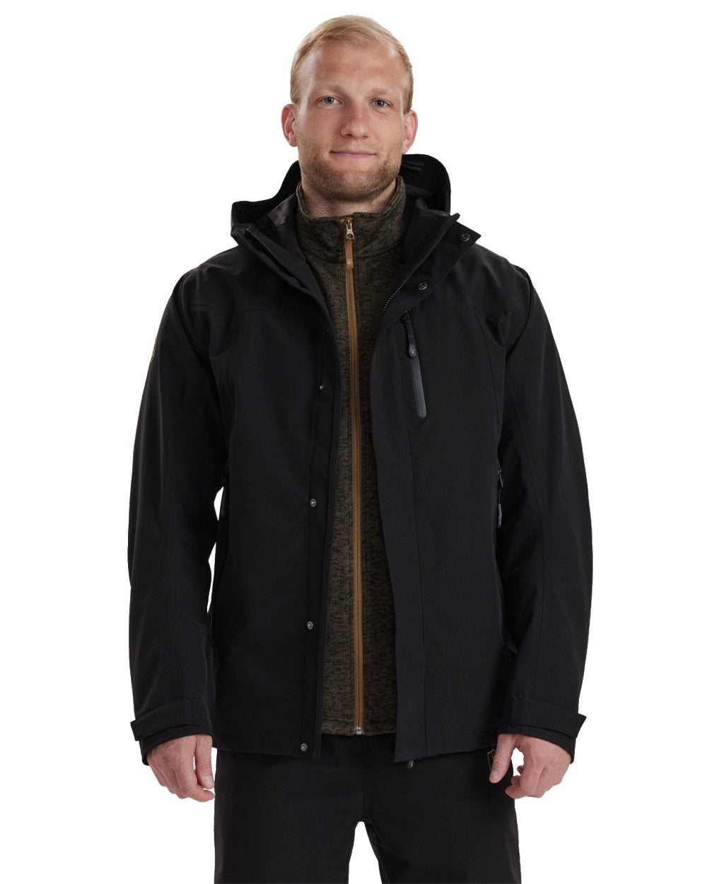 Black coloured Deerhunter Sarek Shell Jacket With Hood on white background #colour_black
