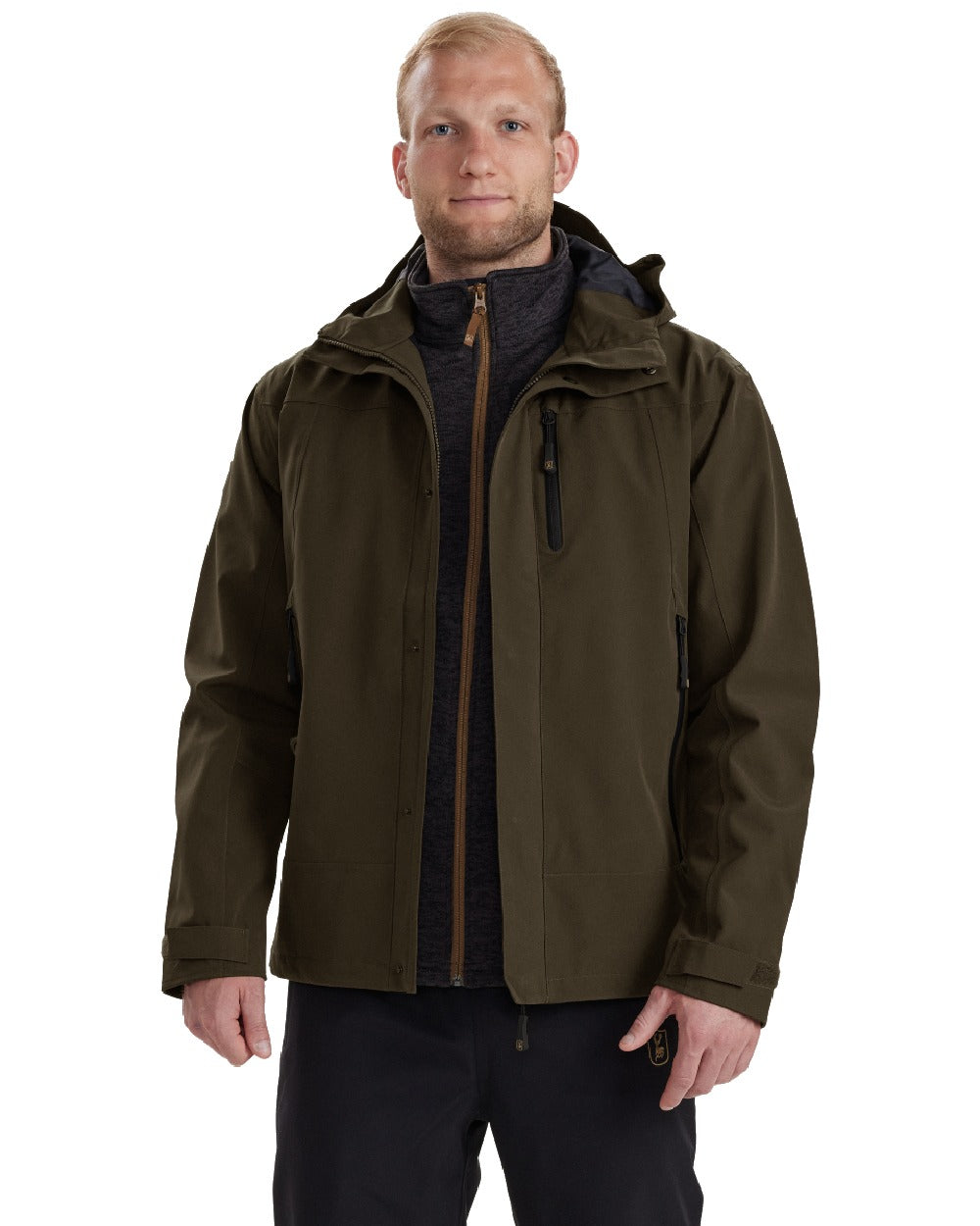 Fallen Leaf coloured Deerhunter Sarek Shell Jacket With Hood on white background #colour_fallen-leaf