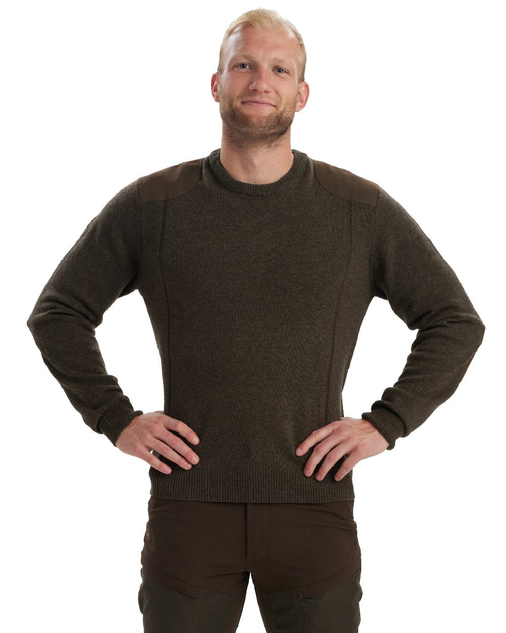 Dark Elm coloured Deerhunter Sheffield O-Neck Sweater on white background #colour_dark-elm