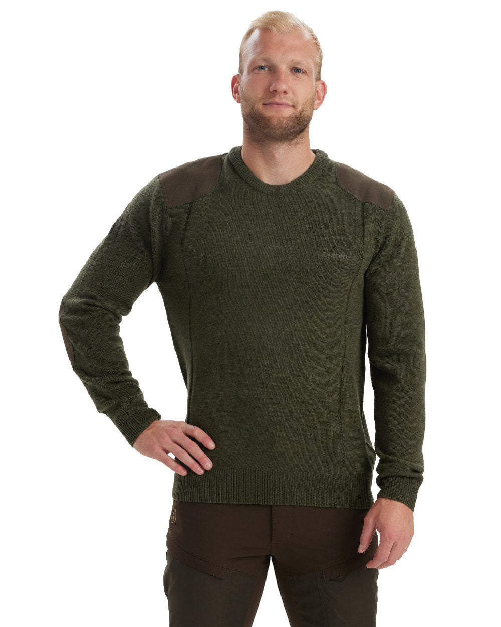 Green Melange coloured Deerhunter Sheffield O-Neck Sweater on white background #colour_green-melange
