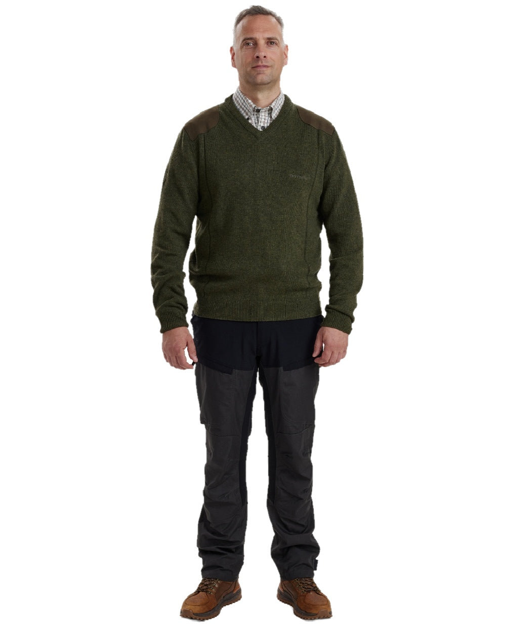 Green Melange coloured Deerhunter Sheffield V-Neck Sweater on white background #colour_green-melange