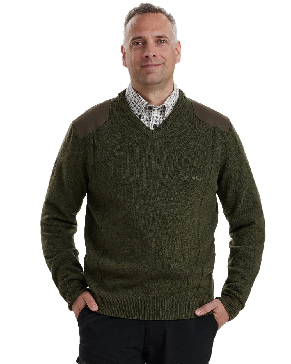 Green Melange coloured Deerhunter Sheffield V-Neck Sweater on white background #colour_green-melange