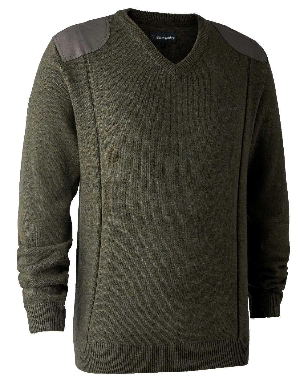 Green Melange coloured Deerhunter Sheffield V-Neck Sweater on white background #colour_green-melange
