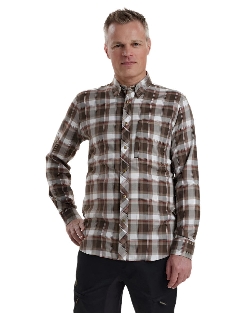 Brown Check coloured Deerhunter Silas Shirt on white background #colour_brown-check