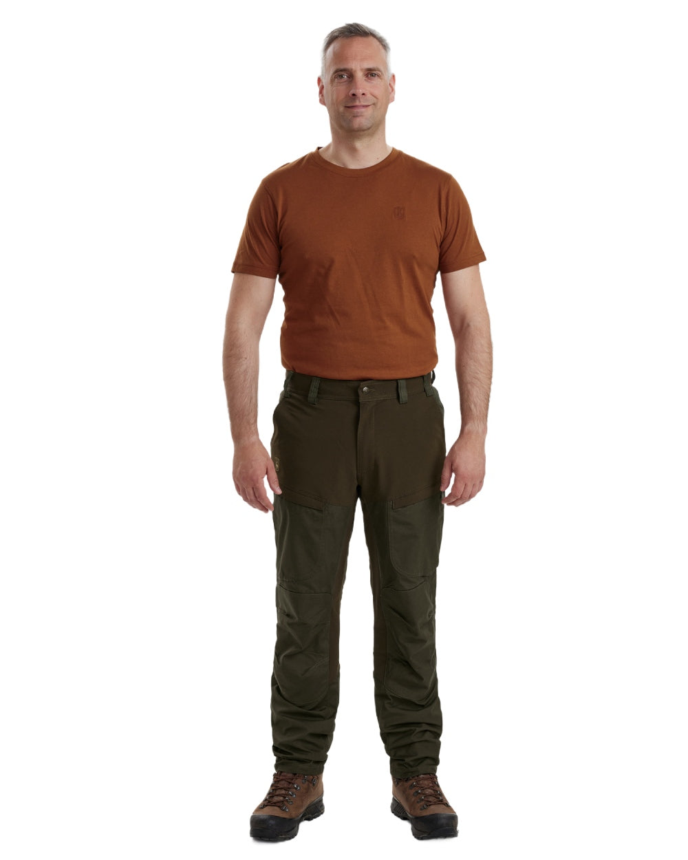 Deep Green coloured Deerhunter Strike Trousers With Membrane on forest background #colour_deep-green