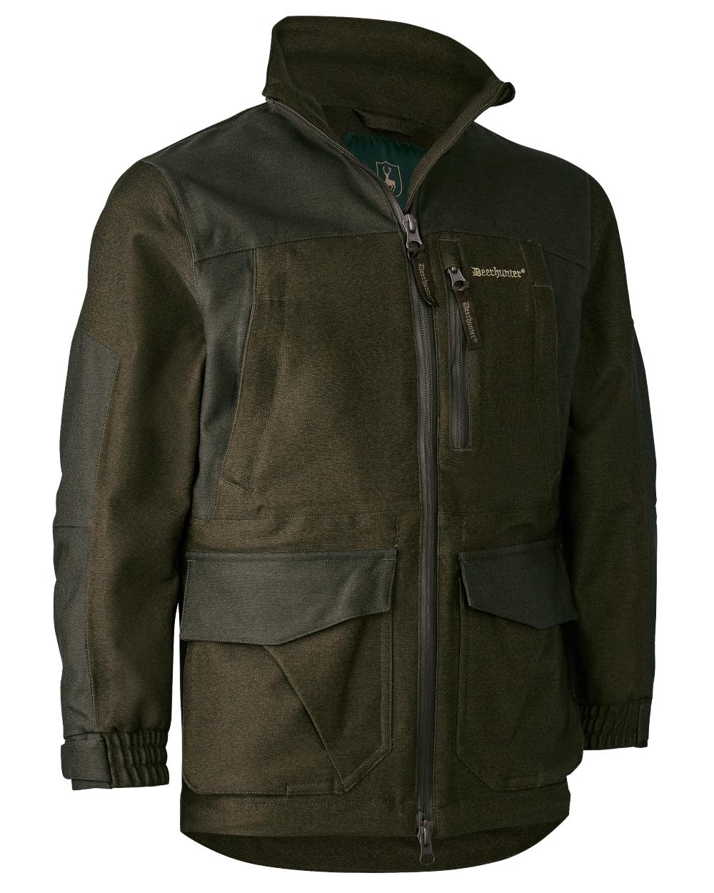 Olive Night Melange coloured Deerhunter Youth Chasse Jacket on white background #colour_olive-night-melange