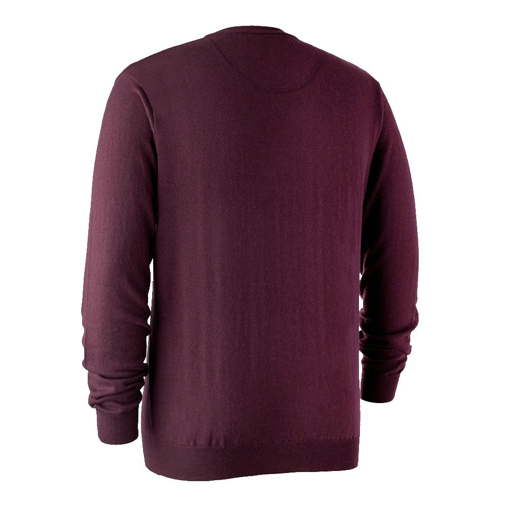 Deerhunter Kingston Knit V-Neck Jumper in Burgundy - Back #colour_burgundy