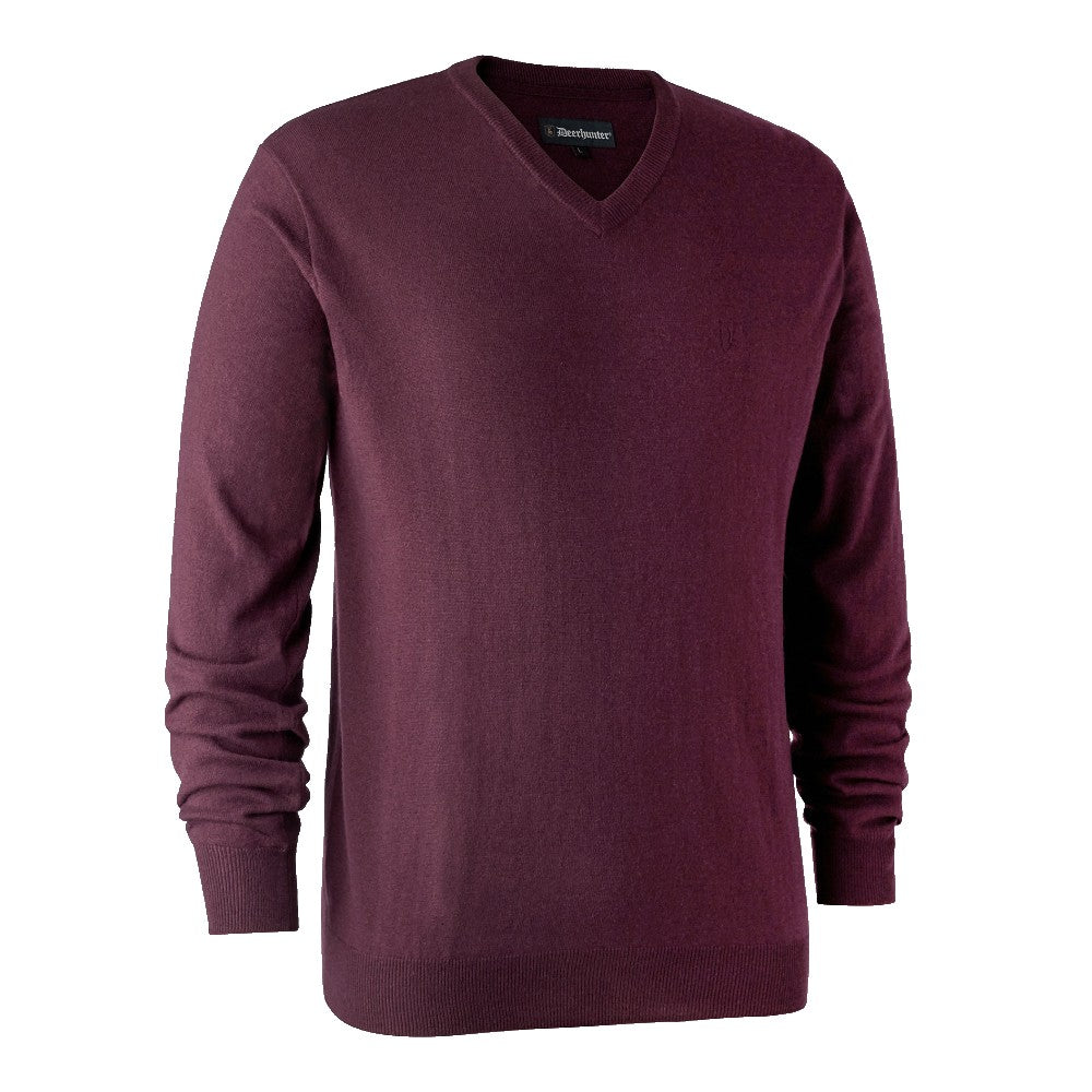 Deerhunter Kingston Knit V-Neck Jumper in Burgundy - Front #colour_burgundy