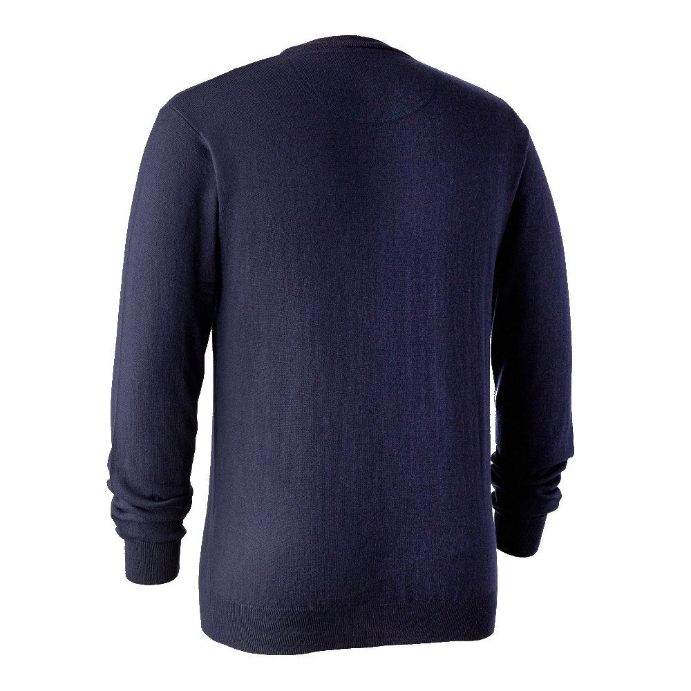 Deerhunter Kingston Knit V-Neck Jumper in Dark Blue - Back #colour_dark-blue