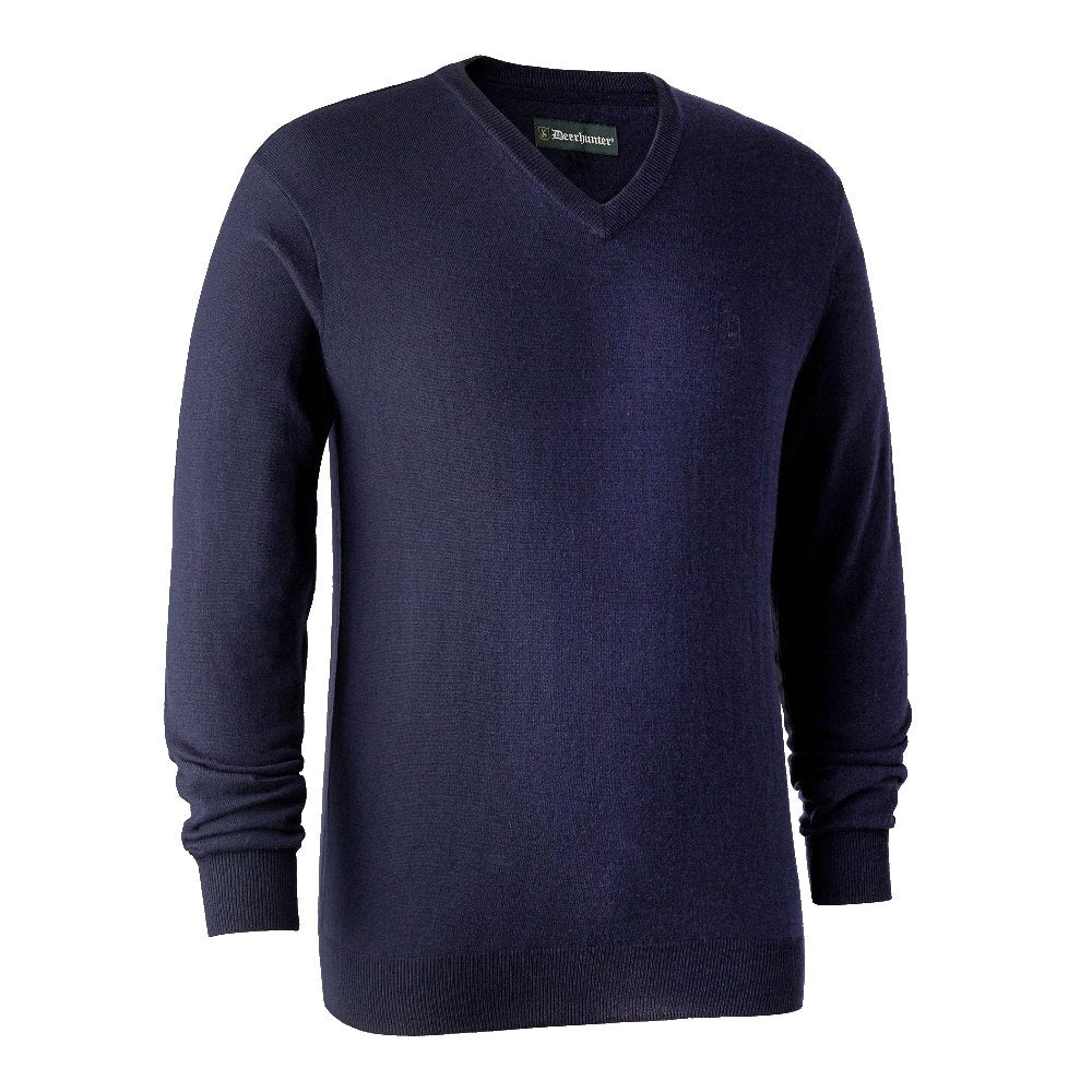 Deerhunter Kingston Knit V-Neck Jumper in Dark Blue - Front #colour_dark-blue