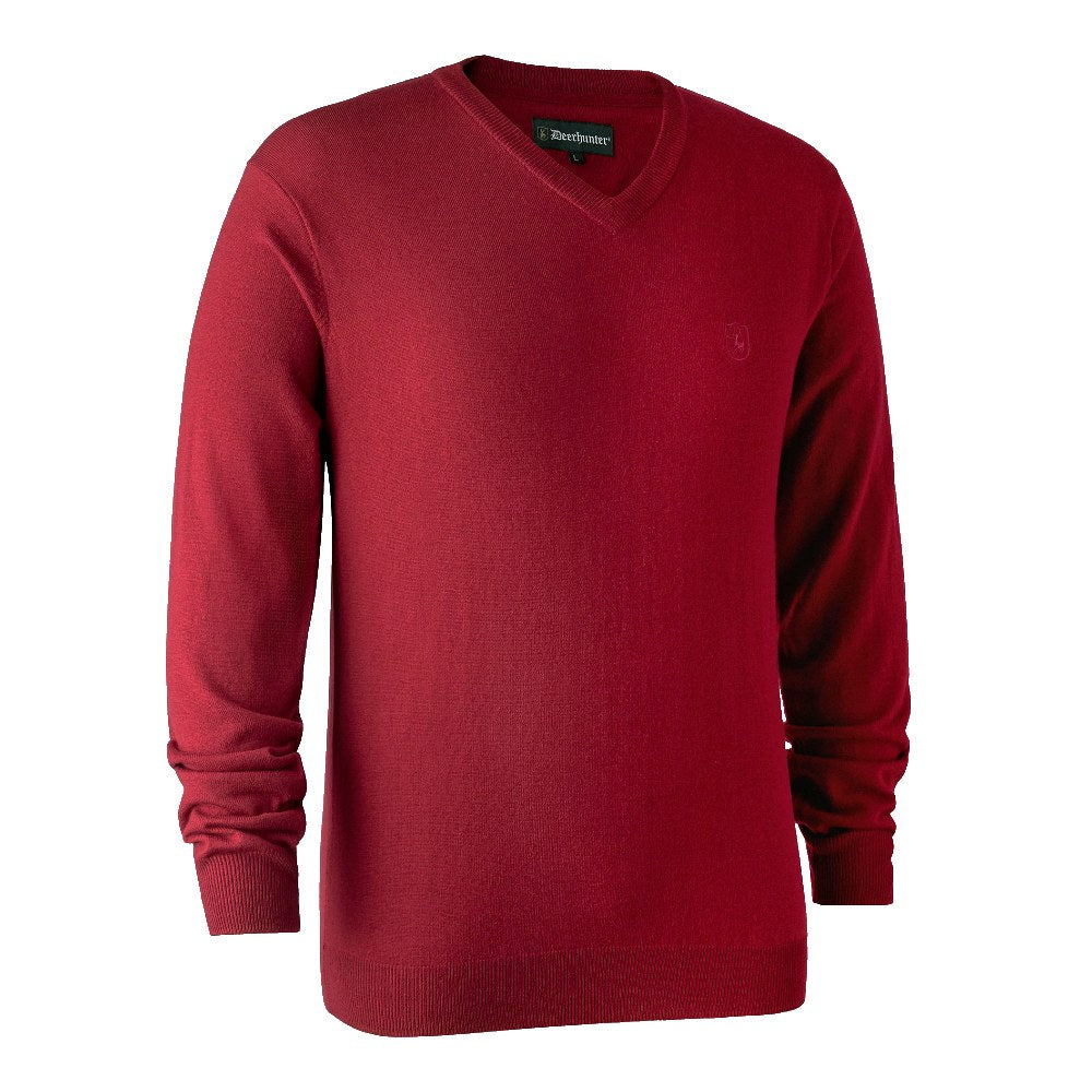 Deerhunter Kingston Knit V-Neck Jumper in Red - Front #colour_red