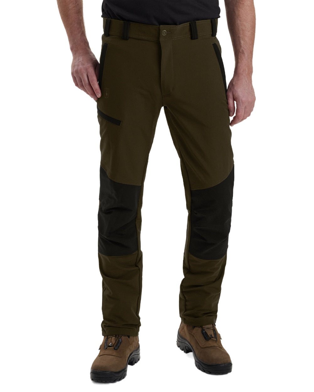 Black Fallen Leaf coloured Deerhunter Strike Full Stretch Trousers on white background #colour_black-fallen-leaf