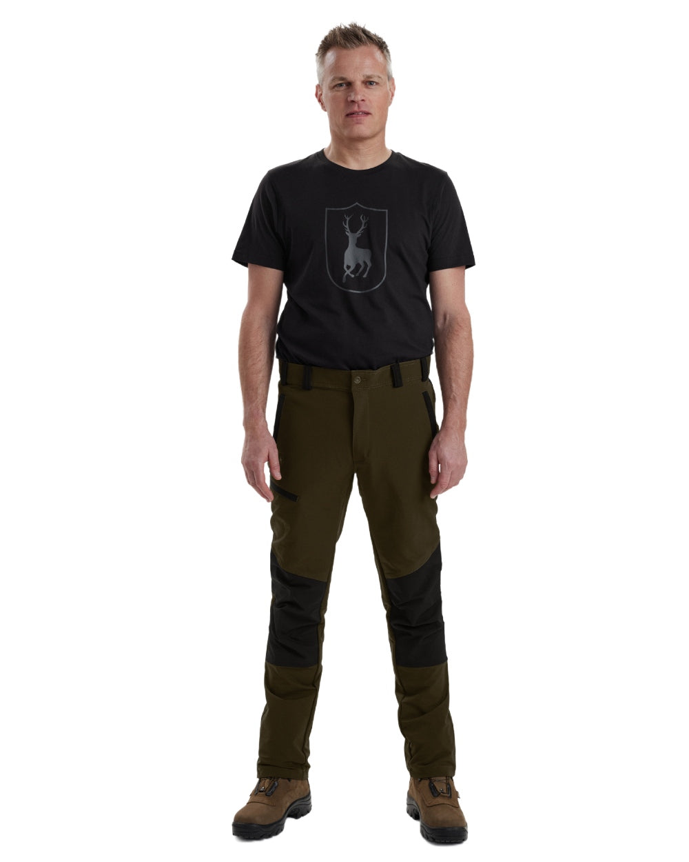 Black Fallen Leaf coloured Deerhunter Strike Full Stretch Trousers on white background #colour_black-fallen-leaf