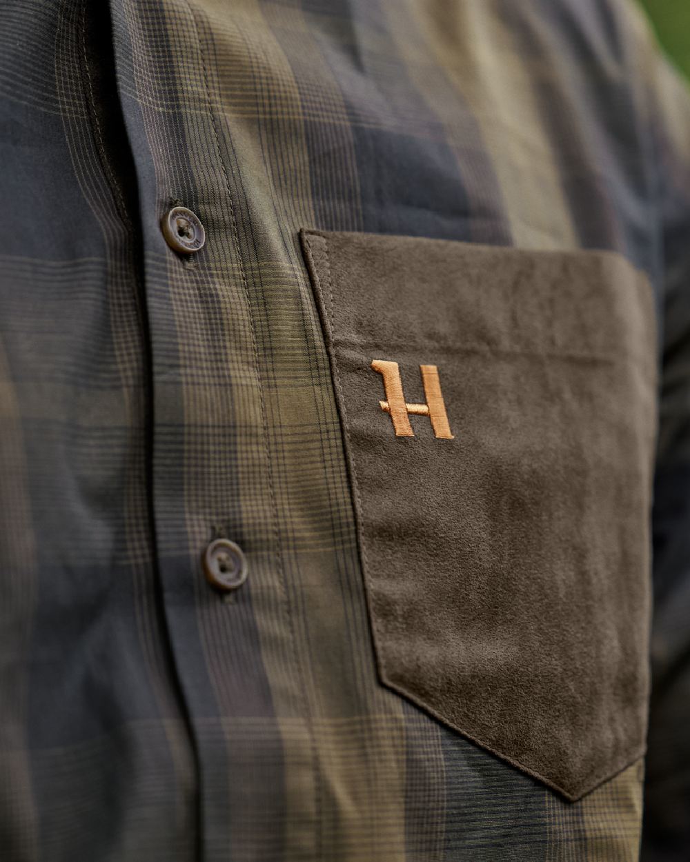 Willow Green Shadow Brown Coloured Harkila Akkan Shirt on outdoor background #colour_willow-green-shadow-brown