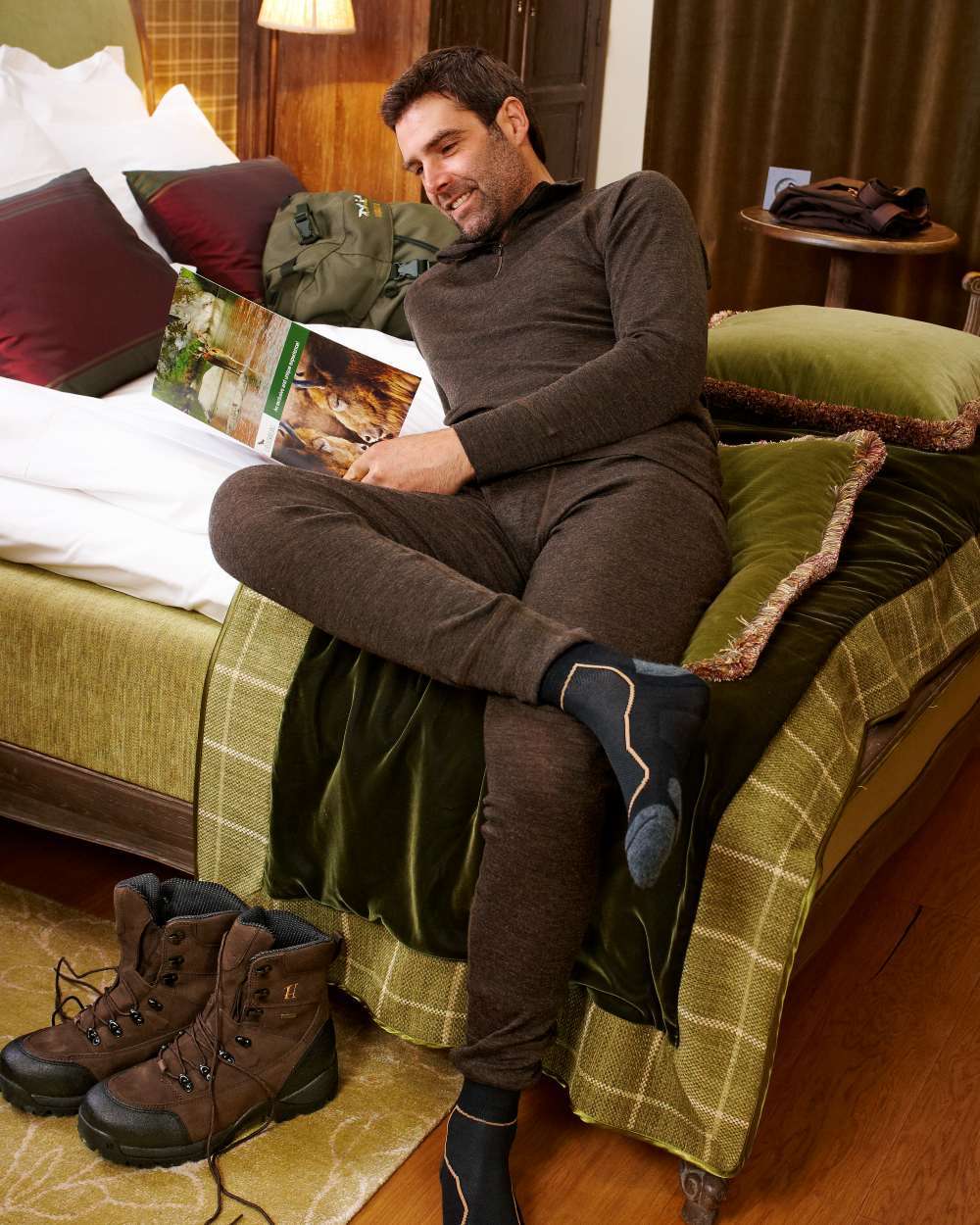 Shadow Brown Coloured Harkila All Season Long Johns on room background #colour_shadow-brown
