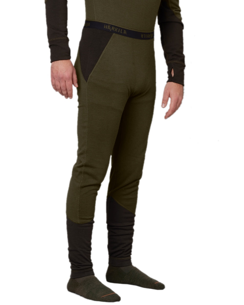 Willow Green Shadow Brown Coloured Harkila Base Warm Long Johns on white background #colour_willow-green-shadow-brown