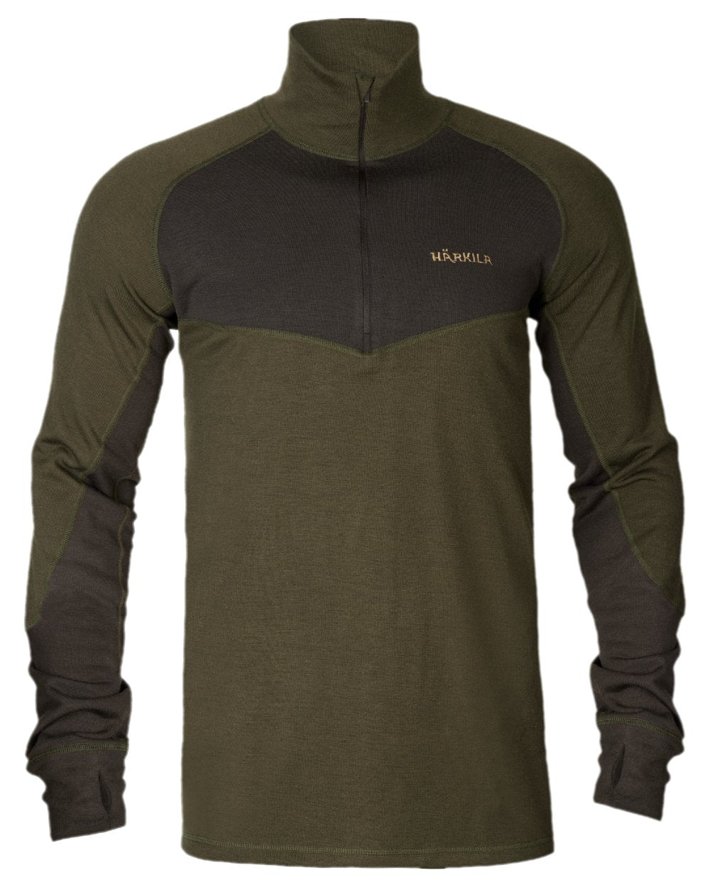 Willow Green Shadow Brown Coloured Harkila Base Warm Zip Neck on white background #colour_willow-green-shadow-brown