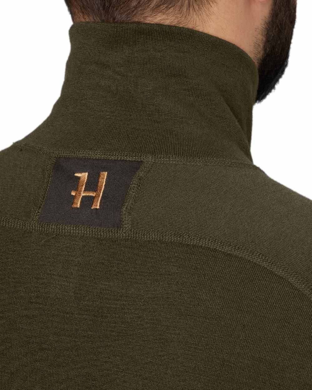 Willow Green Shadow Brown Coloured Harkila Base Warm Zip Neck on white background #colour_willow-green-shadow-brown