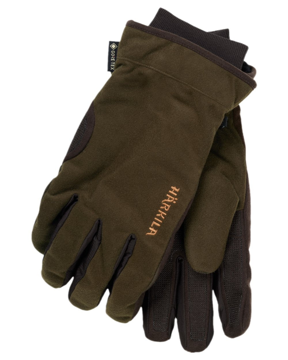 Hunting Green Shadow Brown Coloured Harkila Core GTX Gloves on white background #colour_hunting-green-shadow-brown