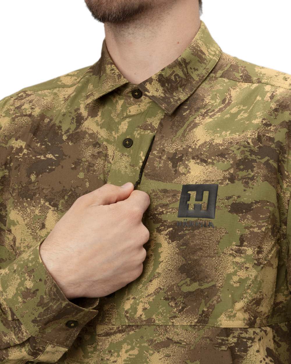 AXIS Forest Coloured Harkila Deer Stalker Camo Long Sleeve Shirt on white background #colour_axis-forest