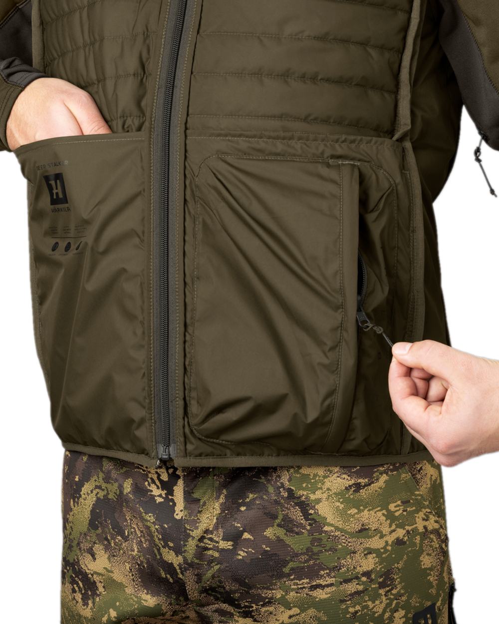 Willow Green AXIS Forest Coloured Harkila Deer Stalker Camo Reversible Packable Waistcoat on white background #colour_willow-green-axis-forest