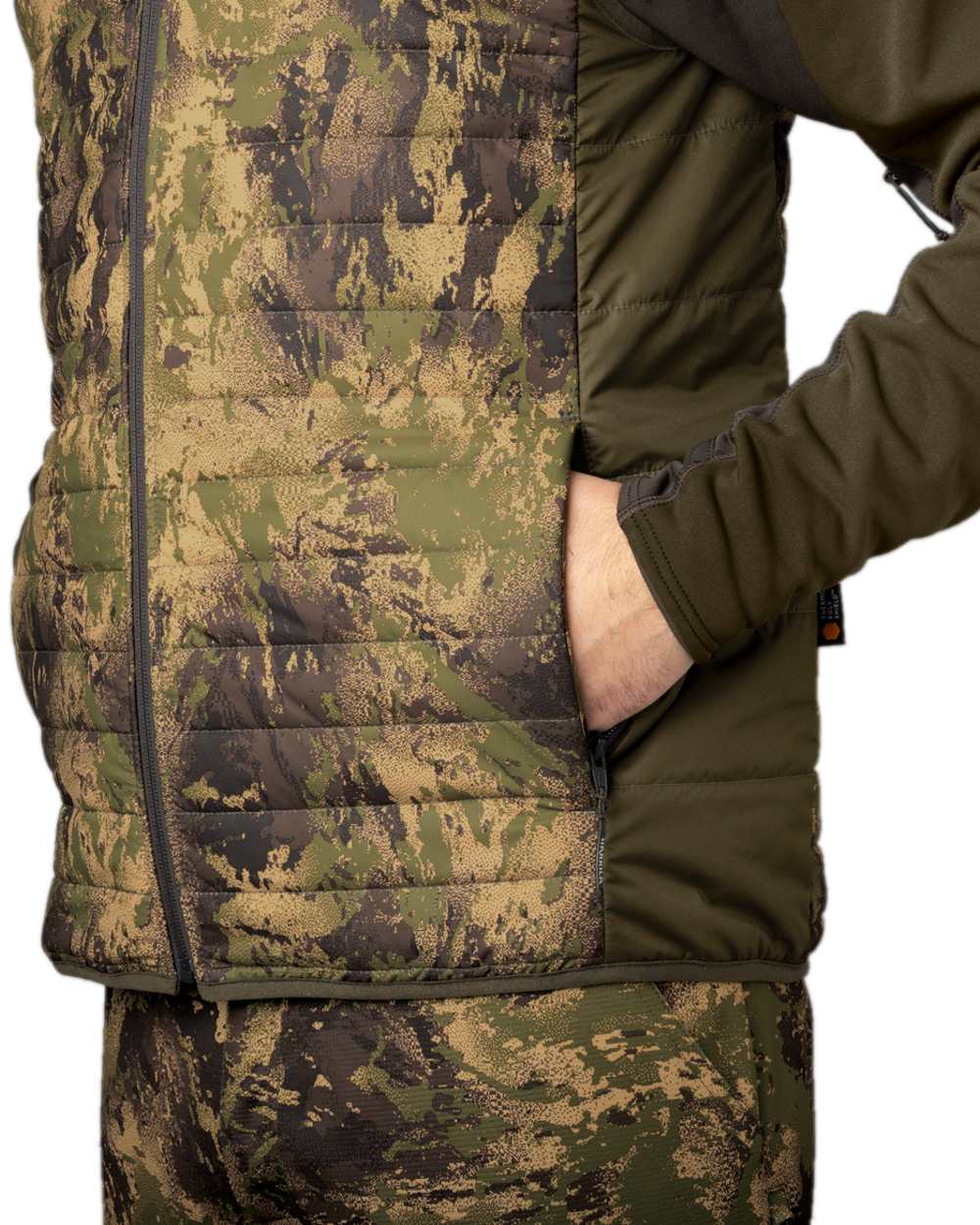Willow Green AXIS Forest Coloured Harkila Deer Stalker Camo Reversible Packable Waistcoat on white background #colour_willow-green-axis-forest
