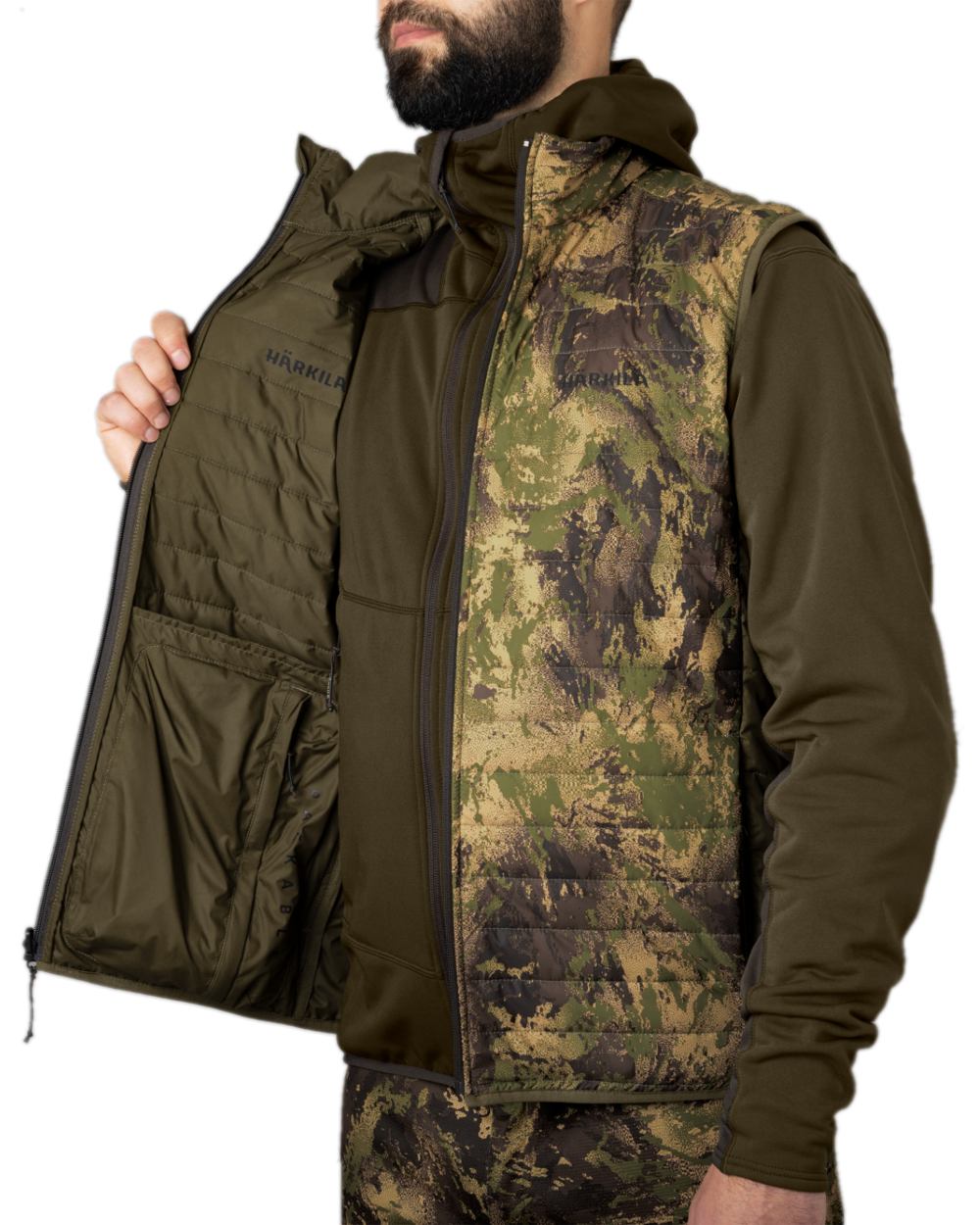 Willow Green AXIS Forest Coloured Harkila Deer Stalker Camo Reversible Packable Waistcoat on white background #colour_willow-green-axis-forest