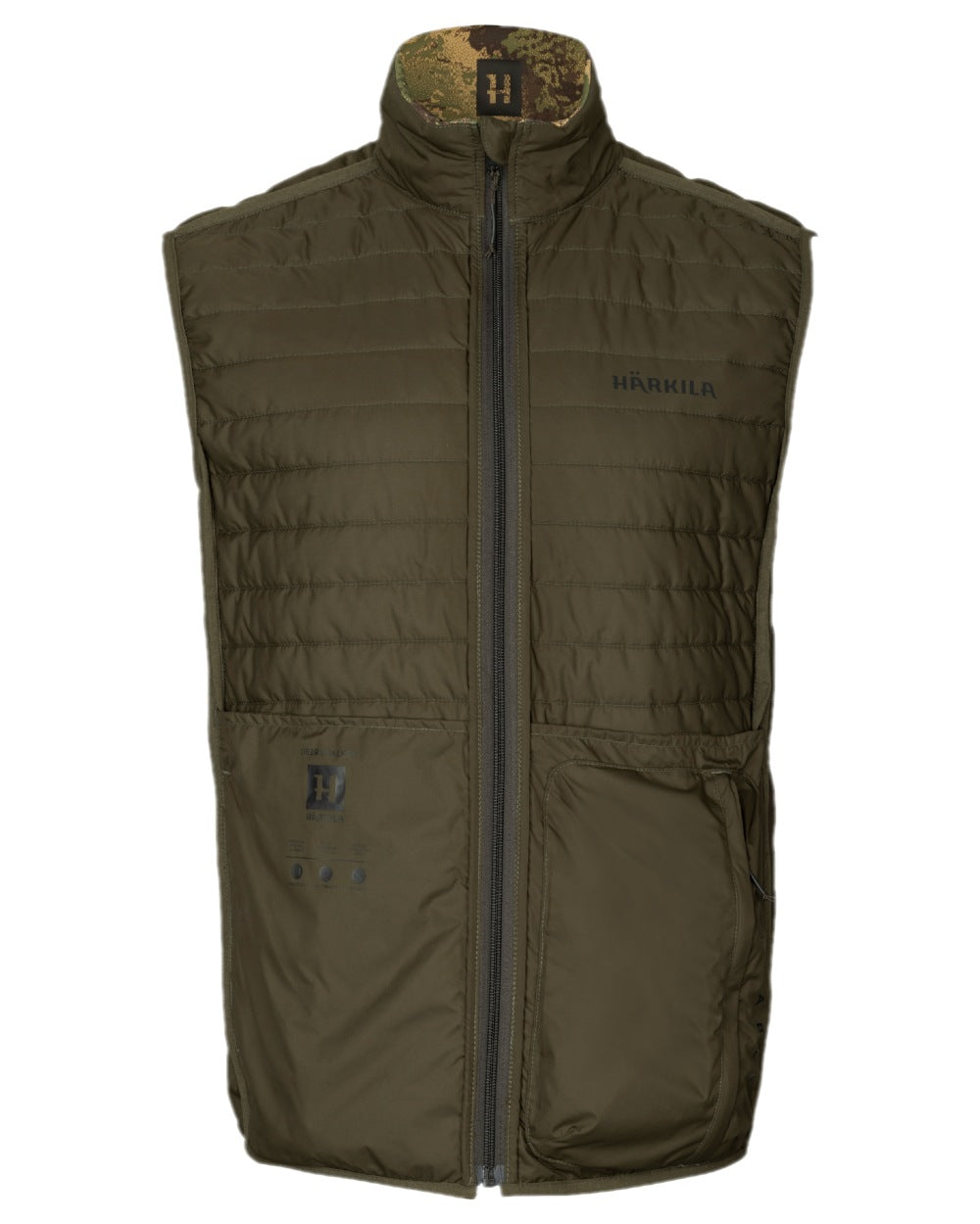 Willow Green AXIS Forest Coloured Harkila Deer Stalker Camo Reversible Packable Waistcoat on white background #colour_willow-green-axis-forest