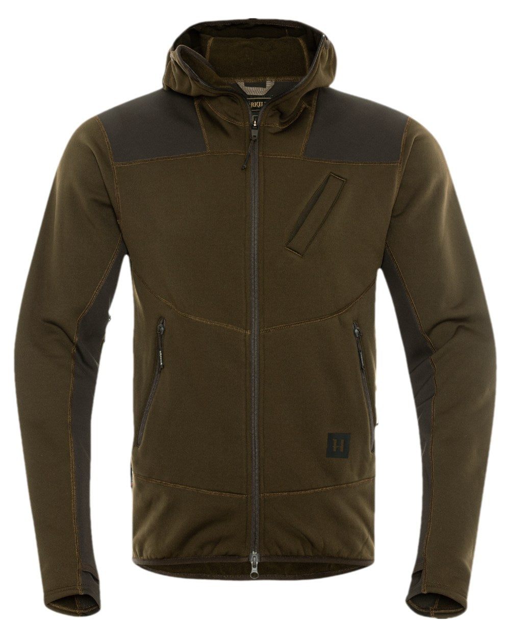 Willow Green Shadow Brown Coloured Harkila Deer Stalker Fleece Hoodie on white background #colour_willow-green-shadow-brown