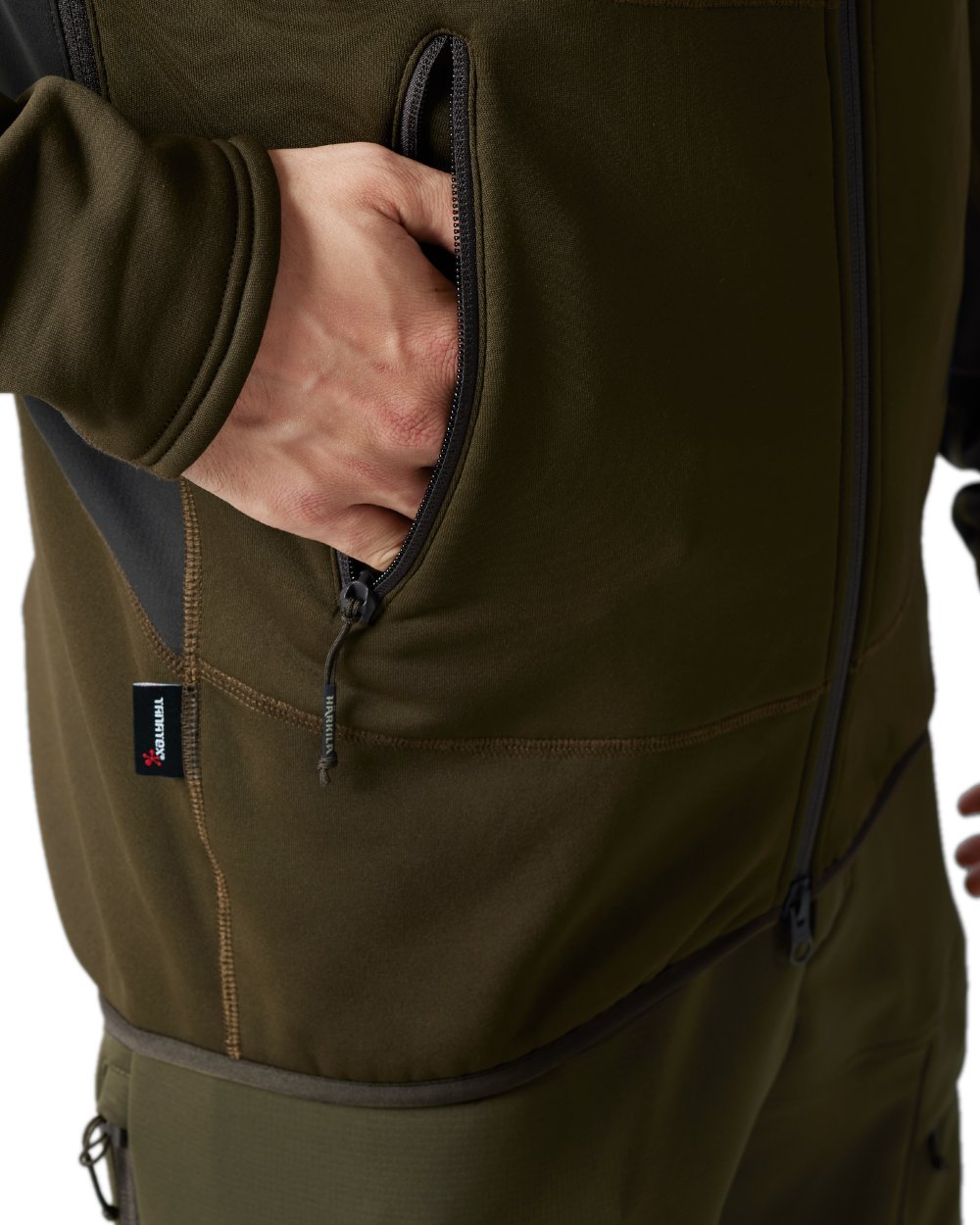 Willow Green Shadow Brown Coloured Harkila Deer Stalker Fleece Hoodie on white background #colour_willow-green-shadow-brown