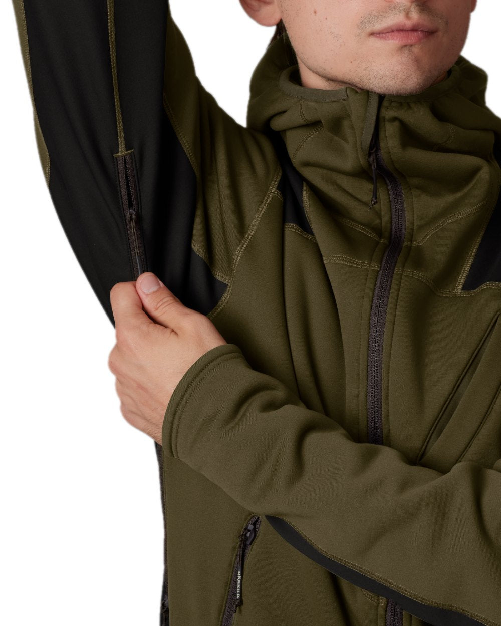 Willow Green Shadow Brown Coloured Harkila Deer Stalker Fleece Hoodie on white background #colour_willow-green-shadow-brown