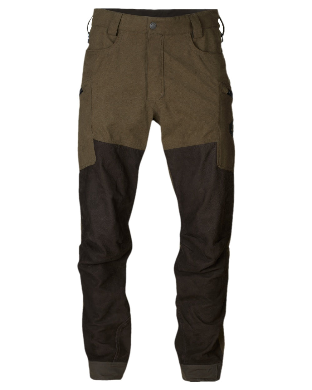 Willow Green Shadow Brown Coloured Harkila Driven Hunt HWS Leather Trousers on white background #colour_willow-green-shadow-brown