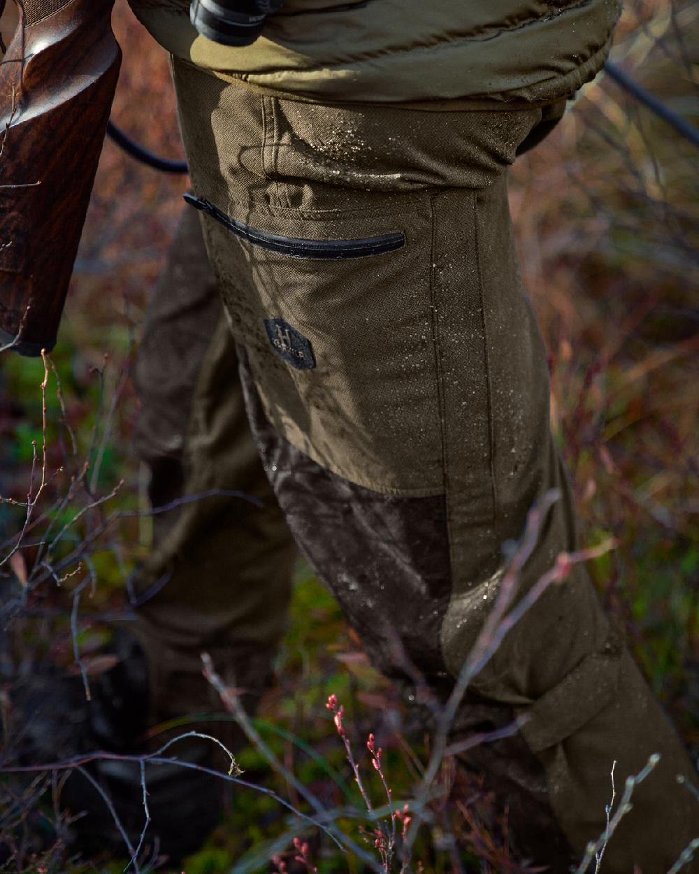 Willow Green Shadow Brown Coloured Harkila Driven Hunt HWS Leather Trousers on forest background #colour_willow-green-shadow-brown