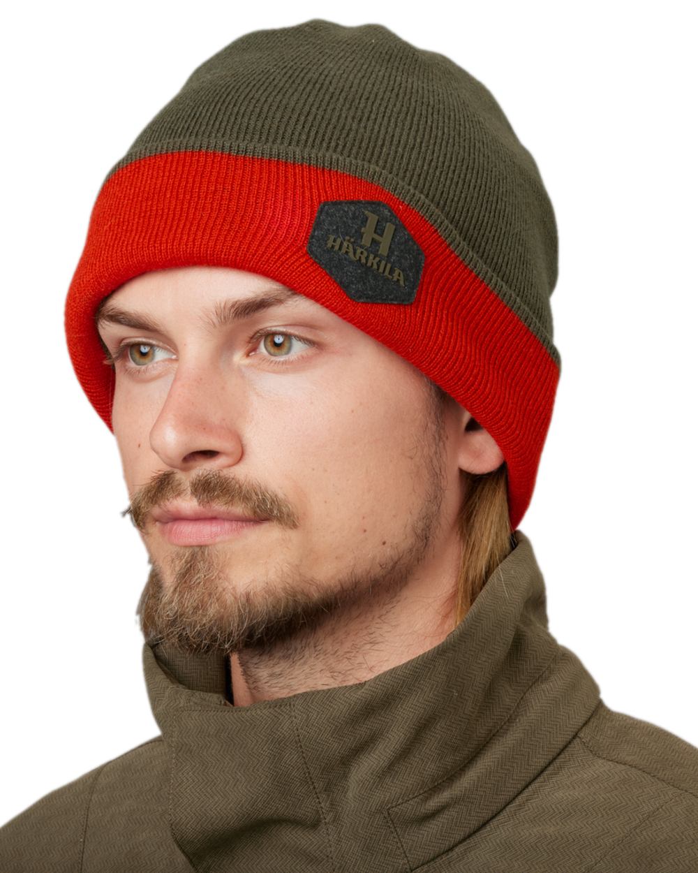 Willow Green Coloured Harkila Driven Hunt Reversible Beanie on white background #colour_willow-green