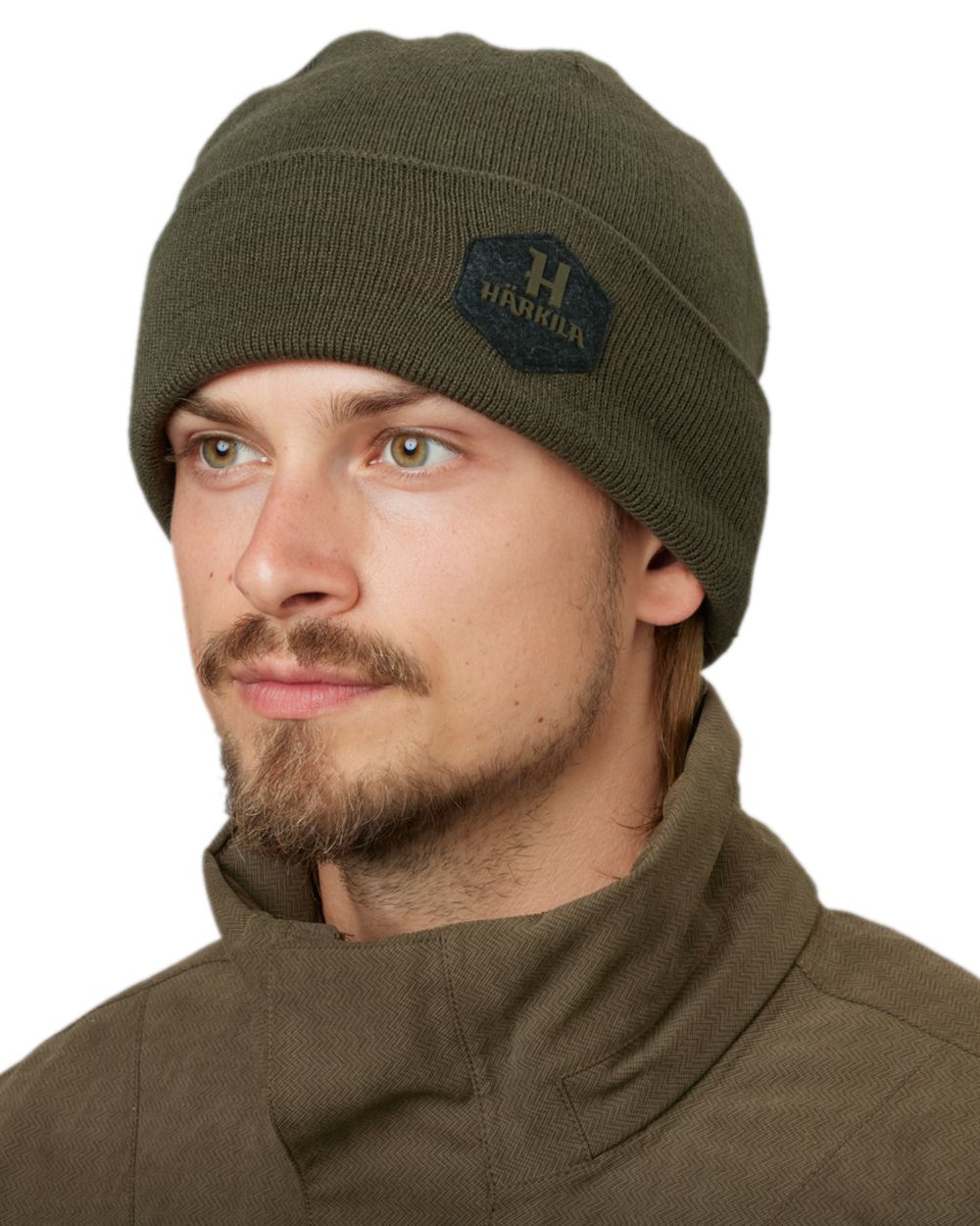 Willow Green Coloured Harkila Driven Hunt Reversible Beanie on white background #colour_willow-green