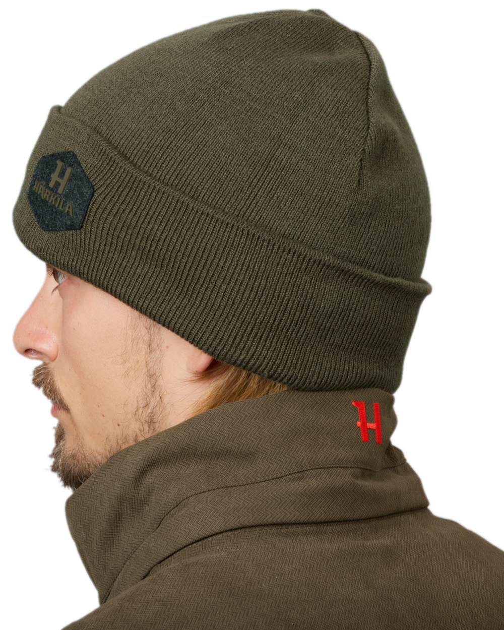Willow Green Coloured Harkila Driven Hunt Reversible Beanie on white background #colour_willow-green