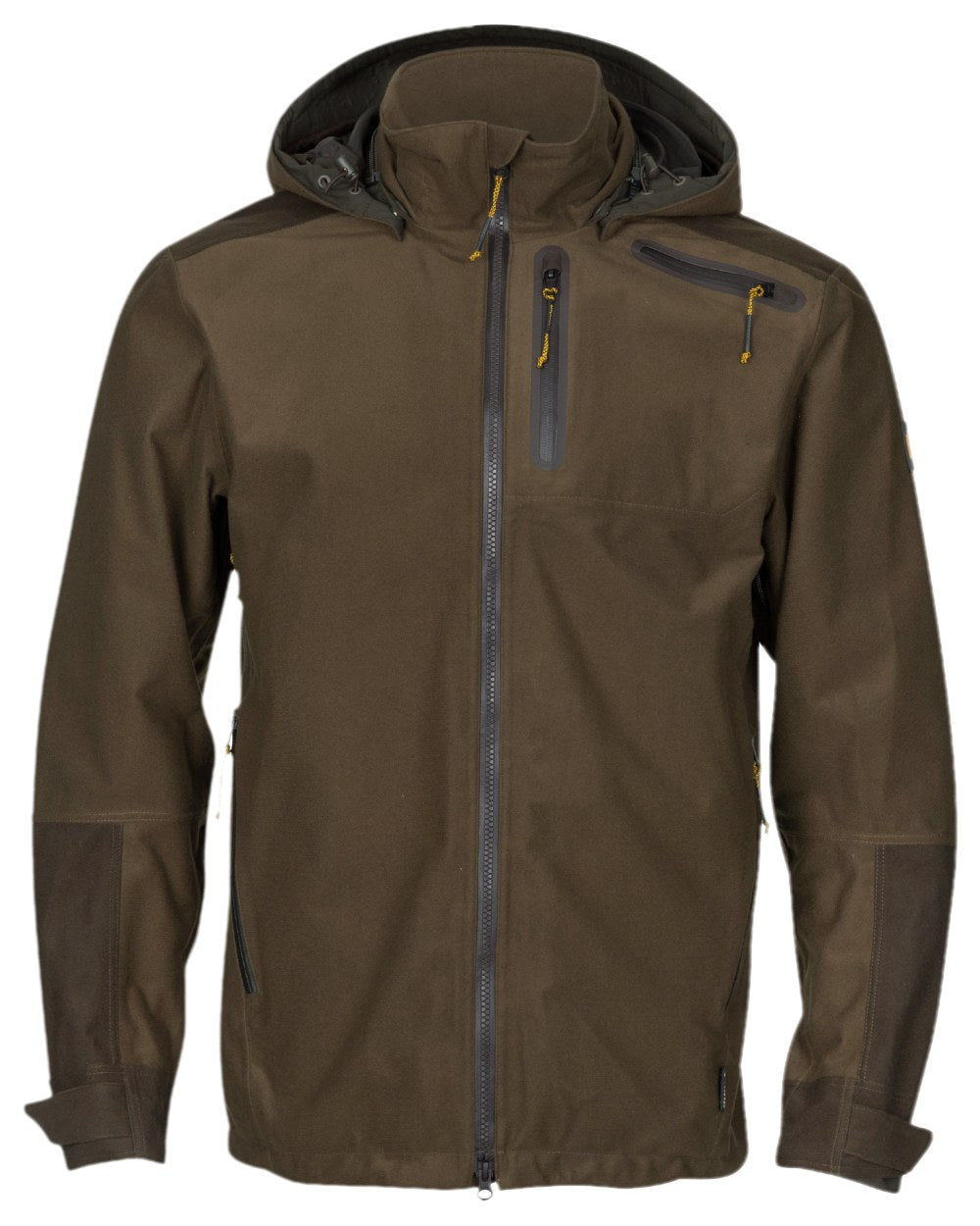 Hunting Green Shadow Brown Coloured Harkila Forest Hunter GTX Jacket on white background #colour_hunting-green-shadow-brown