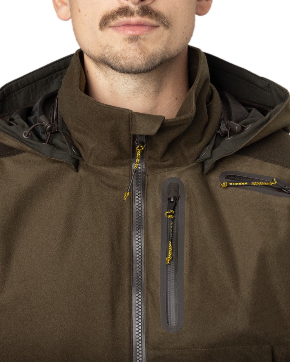 Hunting Green Shadow Brown Coloured Harkila Forest Hunter GTX Jacket on white background #colour_hunting-green-shadow-brown