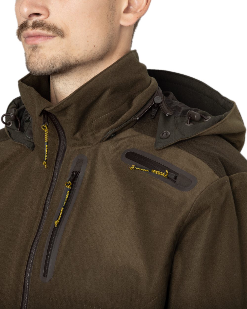 Hunting Green Shadow Brown Coloured Harkila Forest Hunter GTX Jacket on white background #colour_hunting-green-shadow-brown