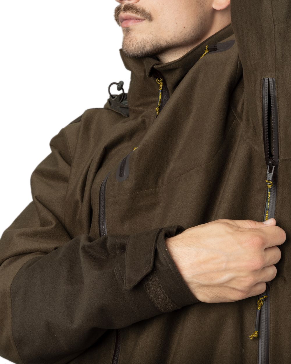 Hunting Green Shadow Brown Coloured Harkila Forest Hunter GTX Jacket on white background #colour_hunting-green-shadow-brown